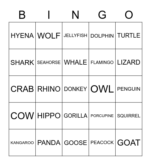 ANIMAL BINGO Card