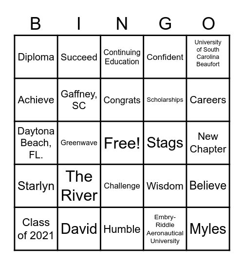 Graduation Bingo Card