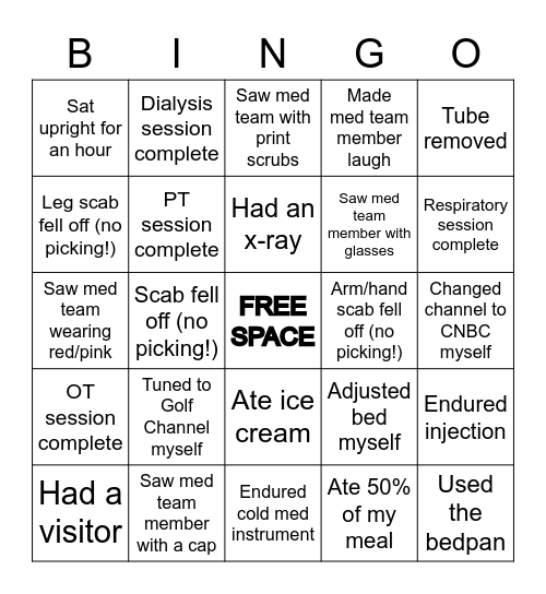 Hospital Bingo - Level 1 Bingo Card