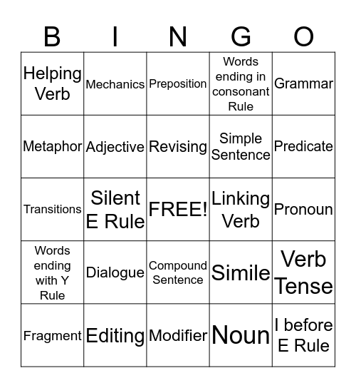 Editing and Revising Bingo Card