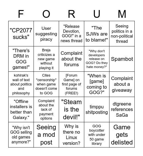GOG Forums 2021 Bingo Card