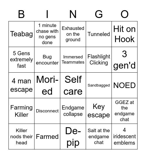 Dead By Daylight Bingo Card