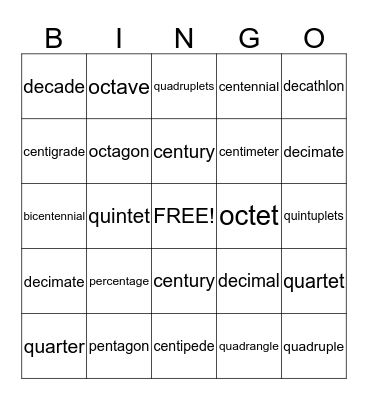 Number Prefixes Bingo Card