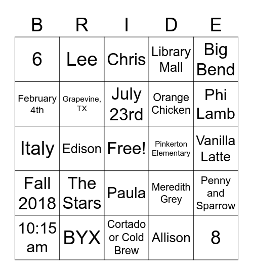 Bridal Shower Bingo Card