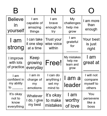 Positive Affirmations Bingo Card
