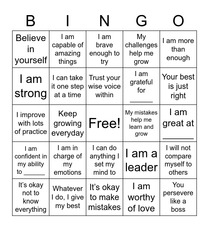 Positive Affirmations Bingo Card