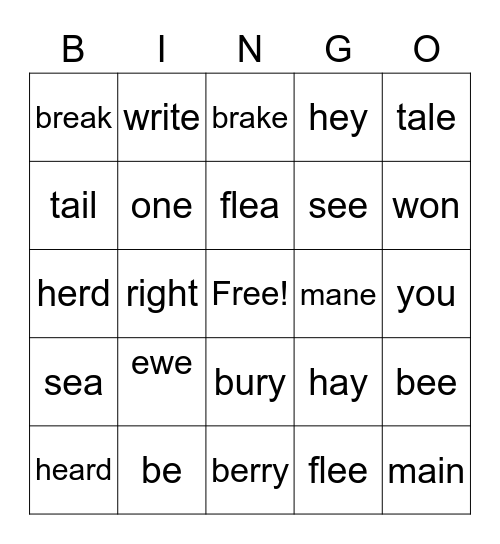 Homophones Bingo Card