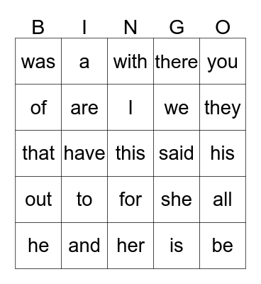 Our Sight Words Bingo Card