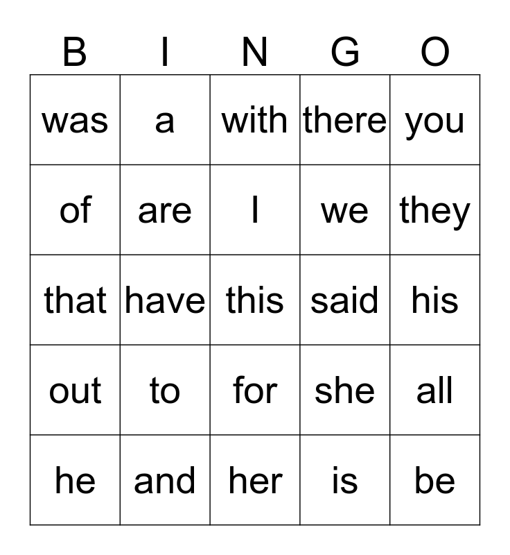 Our Sight Words Bingo Card