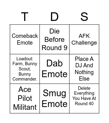 Tower Defense Simulator Bingo Card