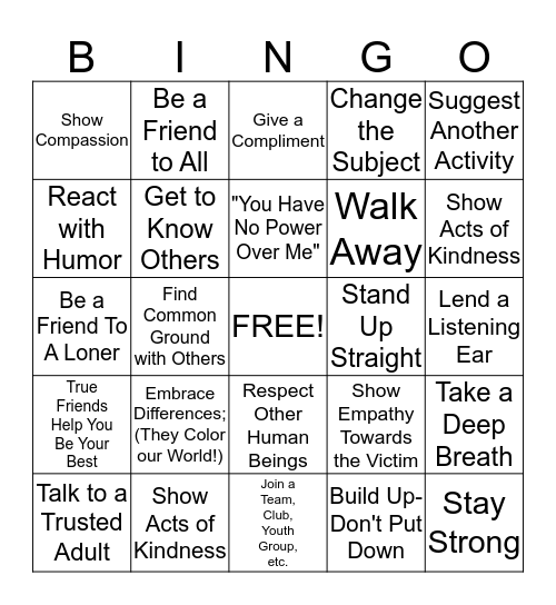 Say No to Bullying Bingo Card