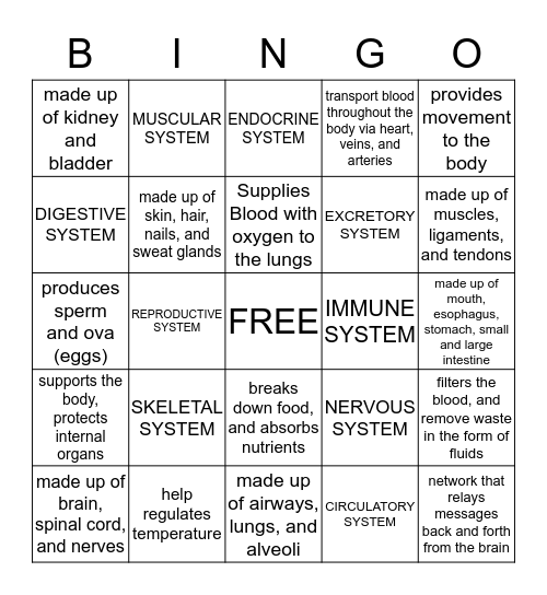 HUMAN BODY SYSTEMS  Bingo Card