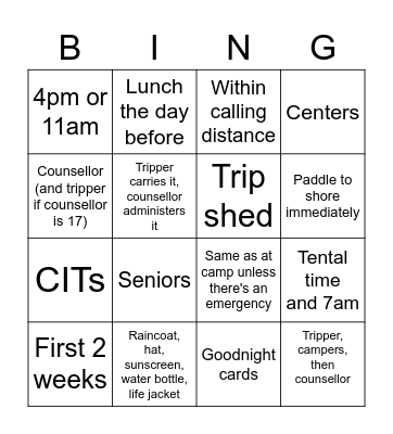 Pre-Camp Trip Bingo Card
