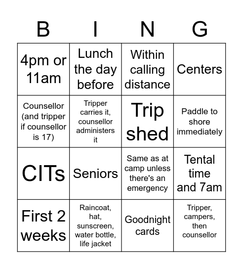 Pre-Camp Trip Bingo Card