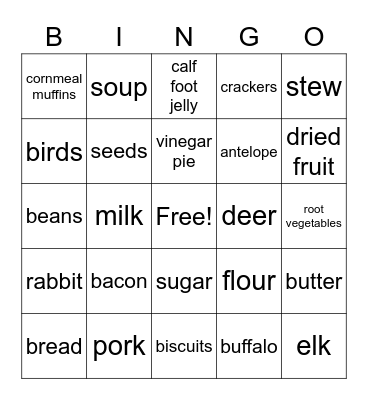 Pioneer Food Bingo Card