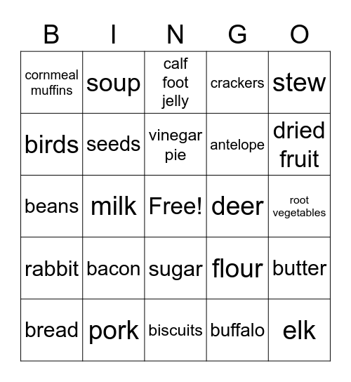 Pioneer Food Bingo Card