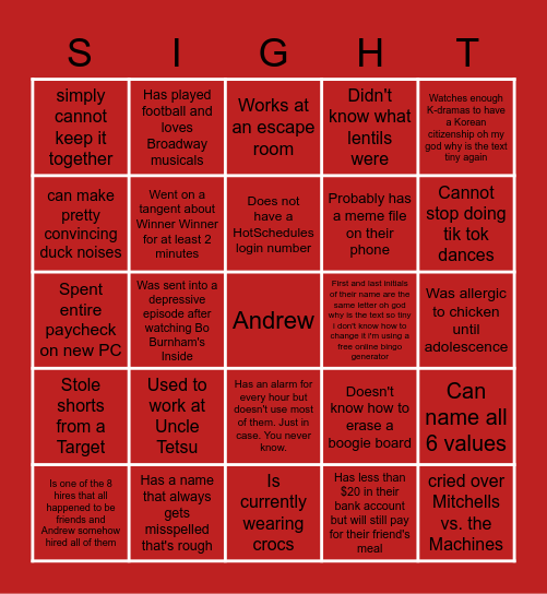 Mastering The Sight! Bingo Card