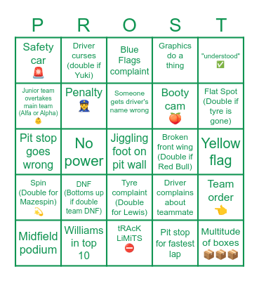 Styrian GP 2021 Bingo Card