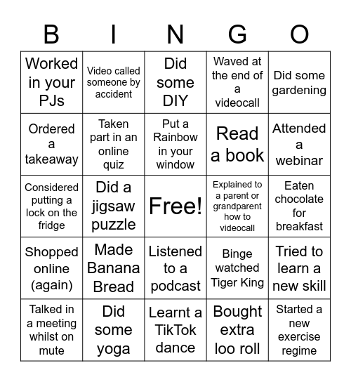 Lockdown Bingo Card