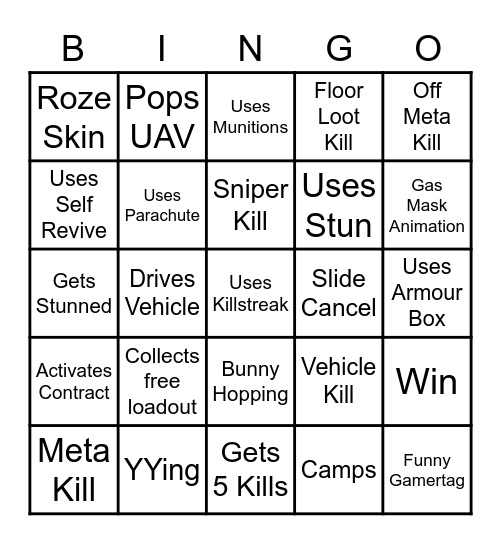 Solo Warzone Bingo Card