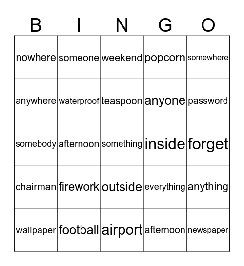 Compound Words Bingo Card
