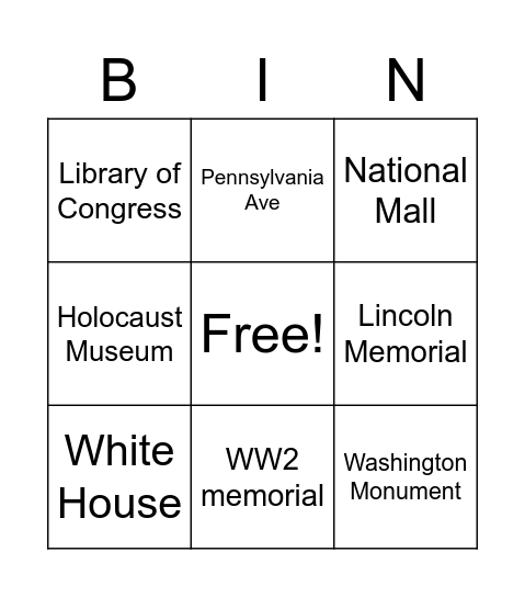 Washington Bingo Card