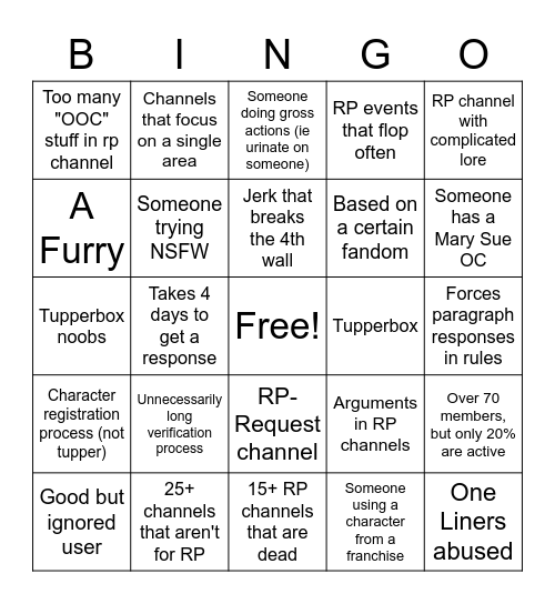 Discord RP Server Bingo Card