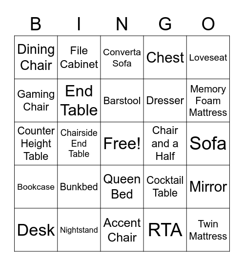 Furniture Bingo Card