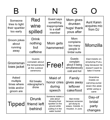 Wedding Day Bingo- Vendor Edition Bingo Card