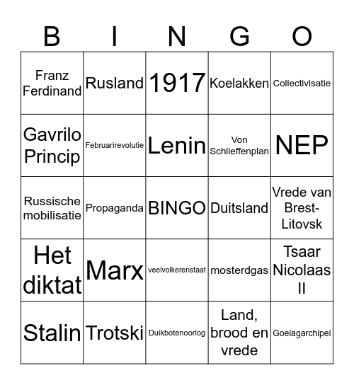 Eerste Wereldoorlog & Communisme Bingo Card