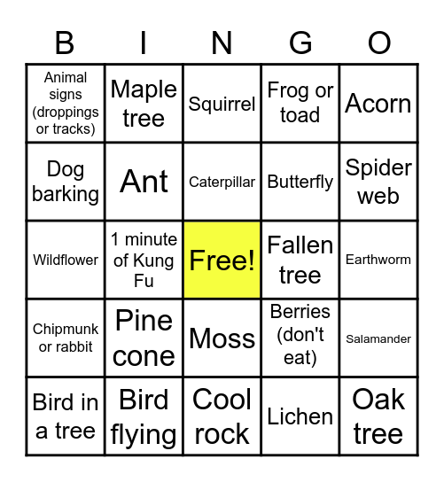 SCAVENGER HUNT NATURE BINGO Card