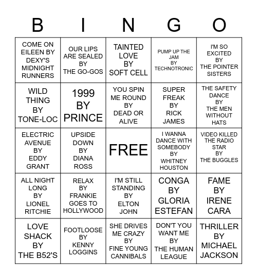 80'S DANCE PARTY Bingo Card