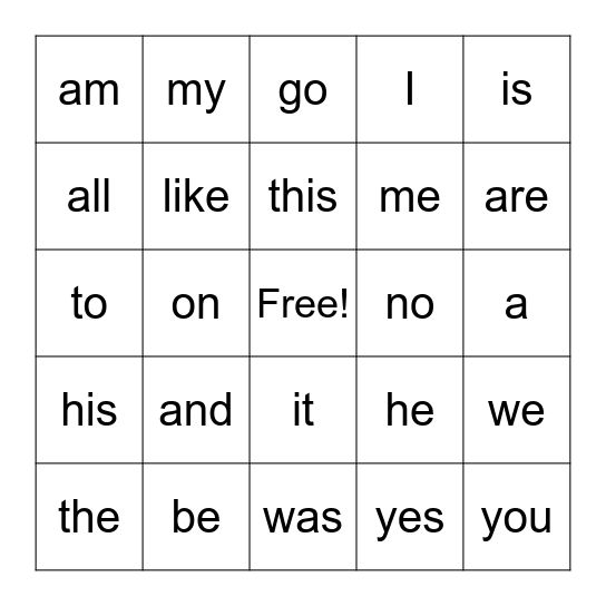 sight words bingo 1 Bingo Card