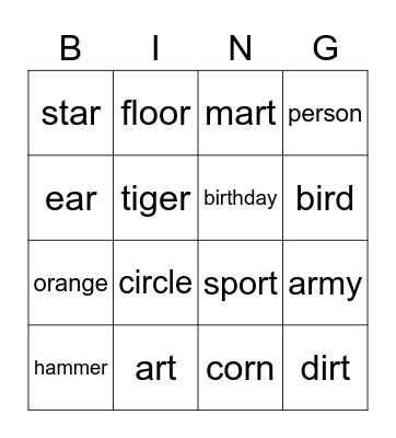 vocalic /r/ Bingo Card