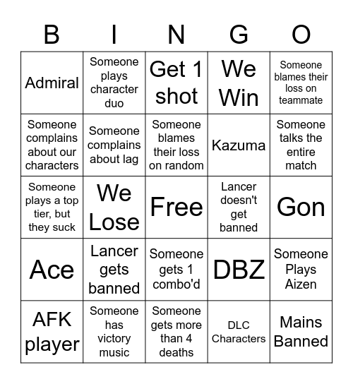 Duos Bingo Card