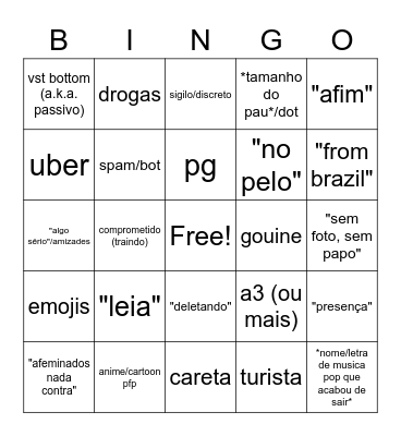 Grindr Bingo Card
