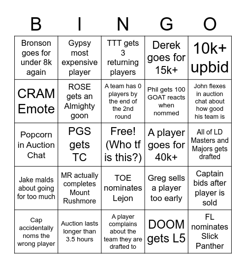 DPL Season 5 Auction Bingo Card Bingo Card