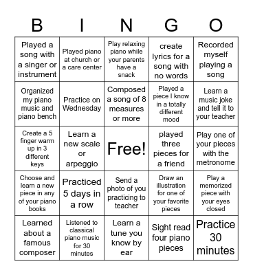 Summer Piano Bingo Card