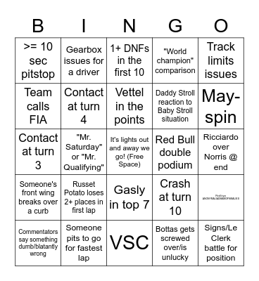 Sterstriyiryriona Race Day Bingo Card