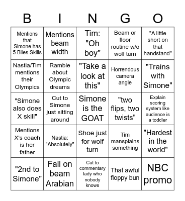 NBC Gymnastics Bingo Card