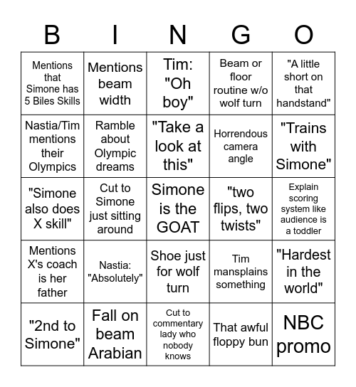 NBC Gymnastics Bingo Card