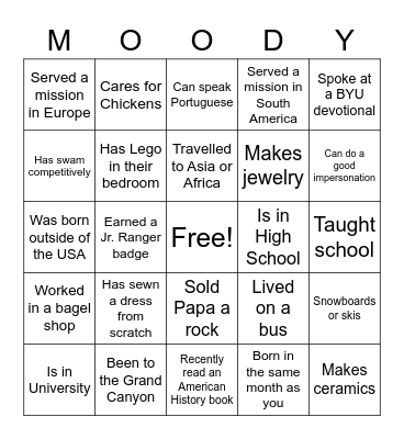 Getting to Know You Bingo Card