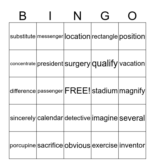 Three Syllable words Bingo Card