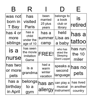 Bride Mixer Game- yell bride when you fill your card! Bingo Card