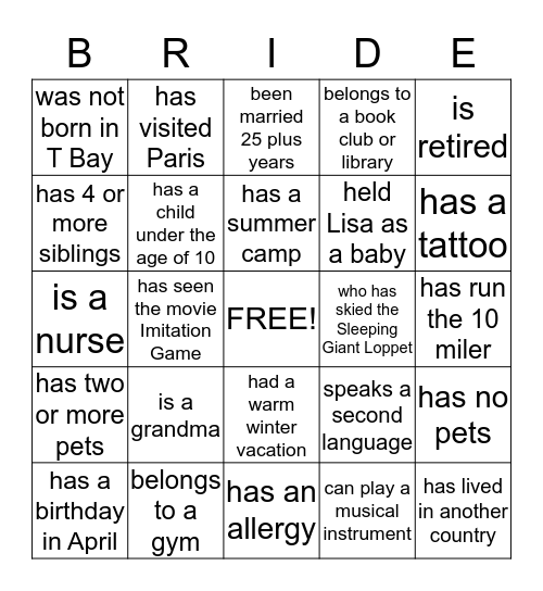 Bride Mixer Game- yell bride when you fill your card! Bingo Card