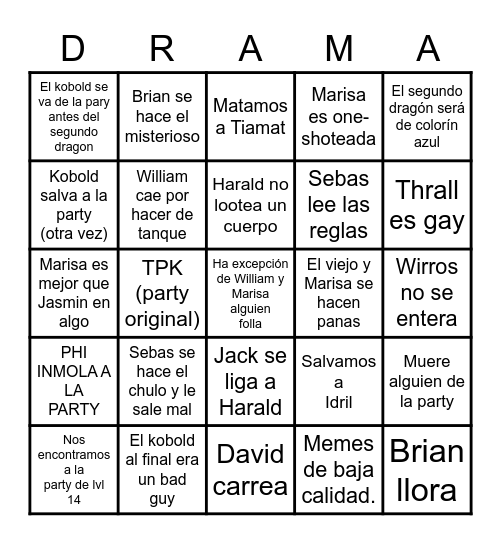 Bingo Drama Bingo Card