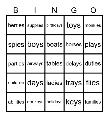 Plurals Bingo Card