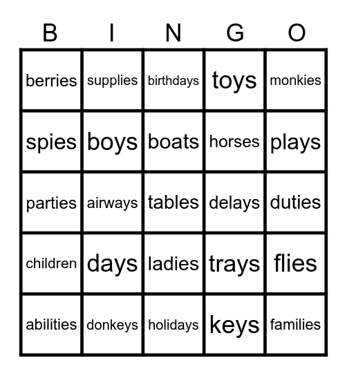 Plurals Bingo Card