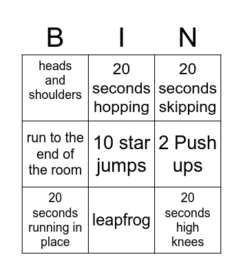 Fitness Bingo Card