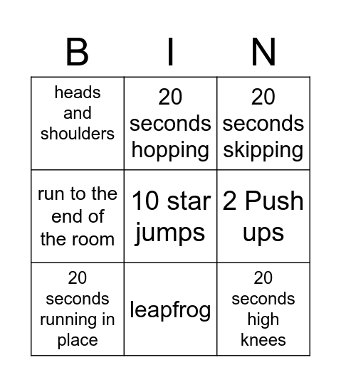 Fitness Bingo Card
